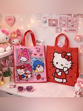 Hello Kitty & Friends Reusable Shopping Bags Set of 2 NWT Pink Tote 15” x 13.5”